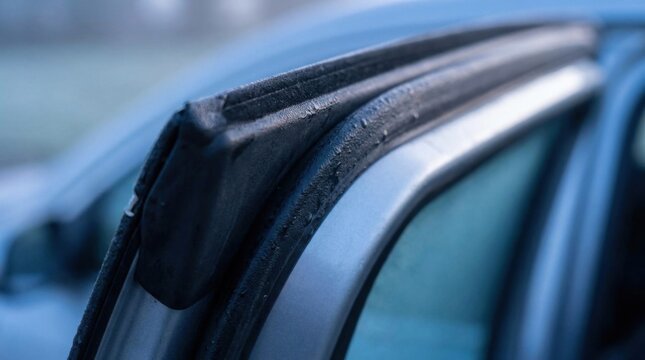 Close up of black rubber weather stripping seal on a silver car door with water droplets and condensation, showing the texture of the insulation material for automotive use.