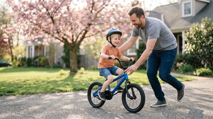 Fototapeta premium Father Helping Son Ride Bicycle for the First Time in Driveway