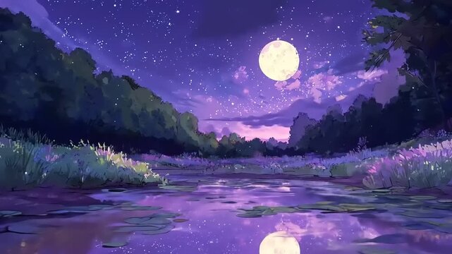 Brilliant full moon illuminating serene waterway bordered by dense foliage under starry night sky