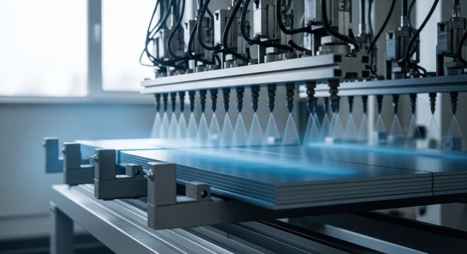 Industrial machine spraying panels with paint in manufacturing plant environment