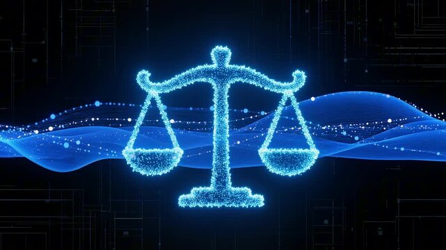 Glowing blue particle balance scale symbolizing AI ethics, featuring flowing data waves and a dark high-tech digital network background.