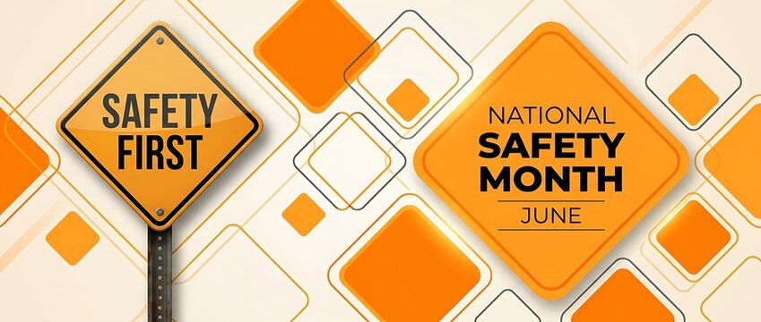 National safety month June safety first warning sign with graphic elements safety awareness concept clean background.