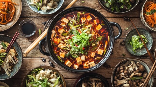 Vibrant and Colorful Asian Cuisine Featuring Spicy Hot Pot Surrounded by Fresh Vegetables and Herbs on a Rustic Wooden Table