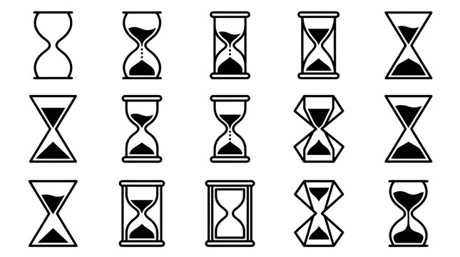 Black and white hourglass icons set showing time passing on white background