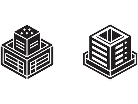 Black and white illustration of two building block structures with white outlines one with a dice on top and the other with a hollow top