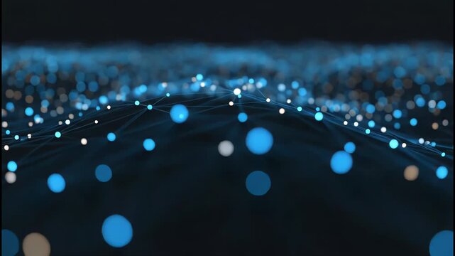 An abstract digital network visualization with glowing blue and beige nodes connected by thin white lines against a dark background, representing data connectivity and complex systems.