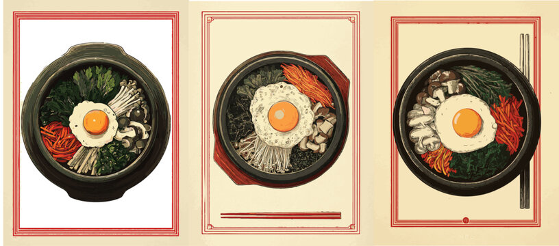 Retro Vintage Korean Food Bibimbap Illustration Poster Set