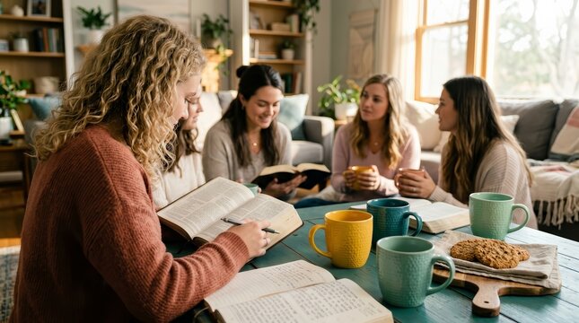 A community of women meeting at home for Bible study and fellowship.