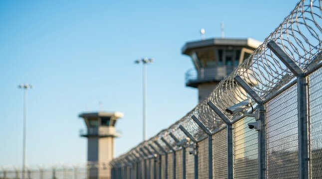 A high security prison facility with metal fences, razor wire, and surveillance cameras.