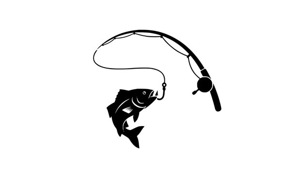 Fishing black silhouette icon vector with fish and rod symbol isolated on white background