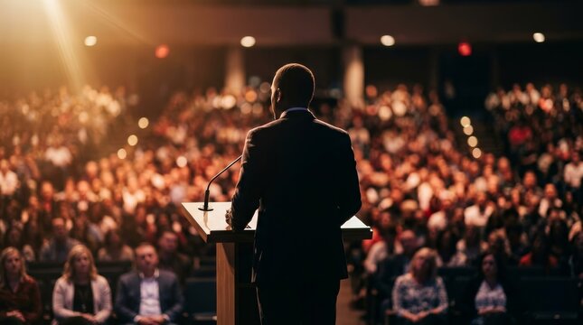 A person leading a prayer service at a large church conference with blurred background.