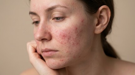 Naklejka premium Portrait of a young Caucasian woman showing pink acne and severe rosacea on her skin.