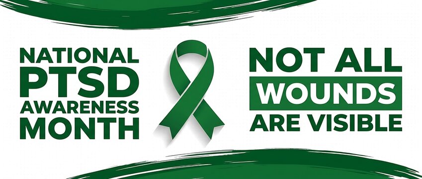 National PTSD awareness month not all wounds are visible green ribbon symbol for mental health support awareness month for veterans and civilians.