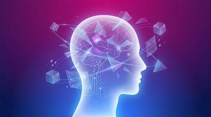 Obraz premium Abstract illustration of human head with digital data network and geometric shapes.