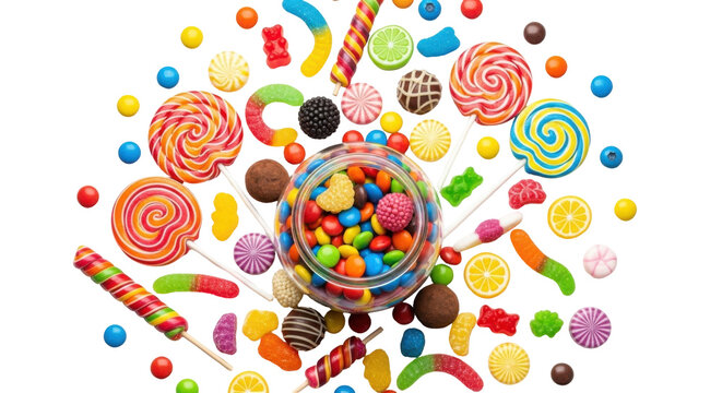 colorful assorted candies and lollipops in glass jar isolated on transparent background