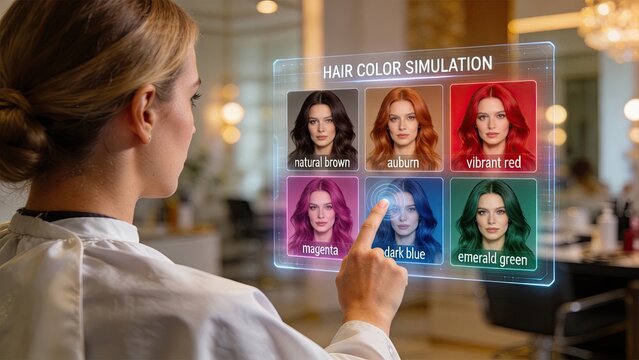 Woman using futuristic holographic hair color simulation interface in modern beauty salon selecting shades like vibrant red magenta dark blue emerald green auburn natural brown