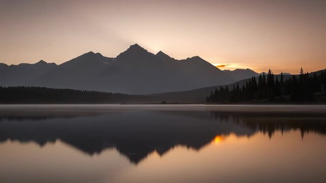 Serene misty mountain lake at dawn with calm reflective waters and towering peaks