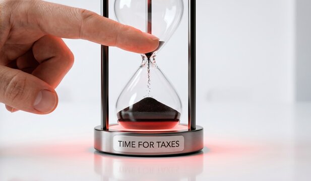 Hourglass with TIME FOR TAXES text, tax deadline concept, sand timer, countdown to taxes