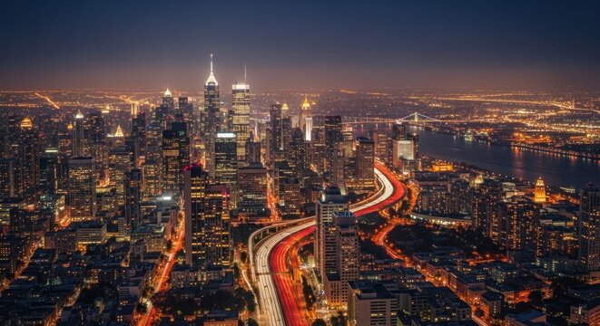 A bustling cityscape at night with illuminated skyscrapers, traffic, and a river in the background.