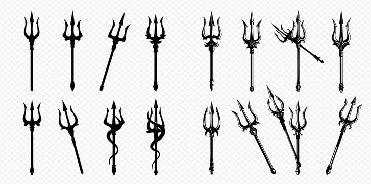 Set of black trident vector illustrations, isolated on a transparent background, depicting various styles and poses of the mythical weapon, symbolizing power and divinity.