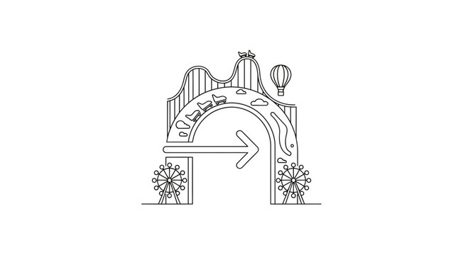 Amusement Park Entrance Arch with Roller Coaster, Ferris Wheels, and Hot Air Balloon