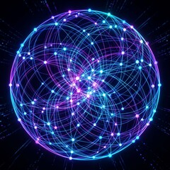 Abstract 3D illustration of a glowing energy sphere with interconnected data network lines, quantum computing concept