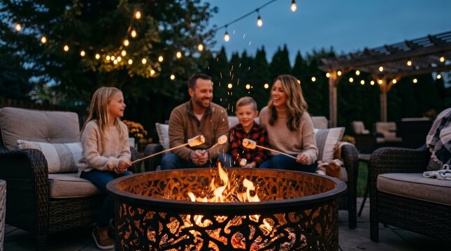 Family members sitting by a campfire in a backyard with a blurred background and copy space.