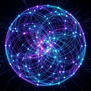 Abstract 3D illustration of a glowing energy sphere with interconnected data network lines, quantum computing concept
