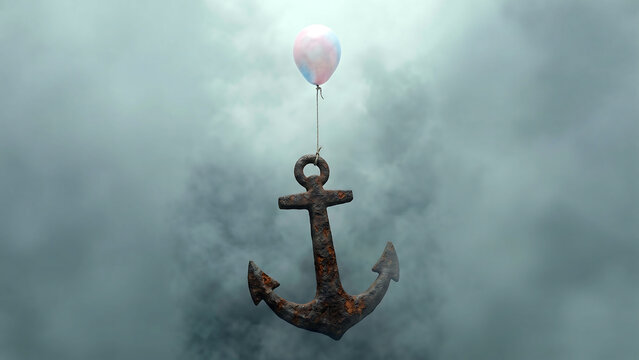 A rusty anchor floats in the air held by a pink balloon amidst cloudy fog