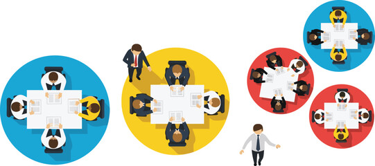 Fototapeta premium Top View Business Team Meeting Vector Illustration Set with Office Workers, Conference Tables and Collaboration Concepts