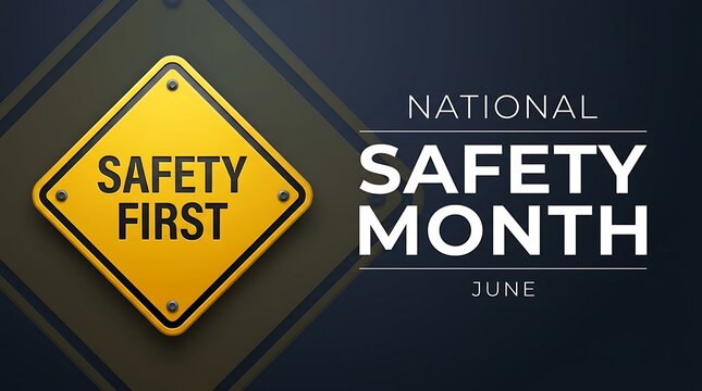 National Safety Month graphic with bright yellow diamond shaped safety first sign and bold white text, promoting workplace safety awareness and importance, June celebration.