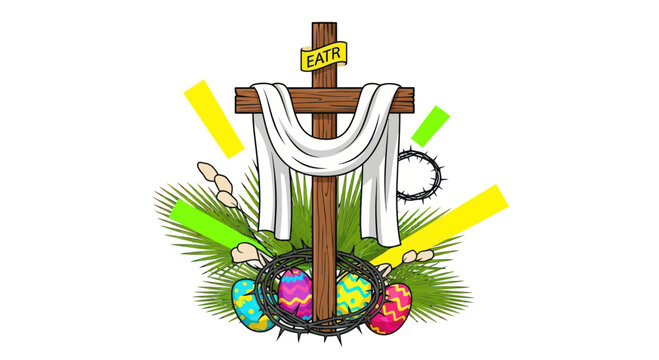 Easter Cross with Eggs, Crown of Thorns, Palm Branches, and Cloth
