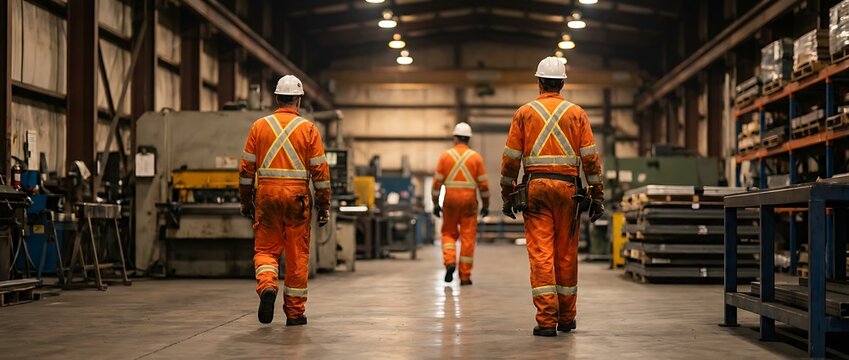 Three warehouse workers in high visibility orange safety jumpsuits and hard hats walk through modern factory interior, industrial production environment, safety awareness and teamwork, machinery.