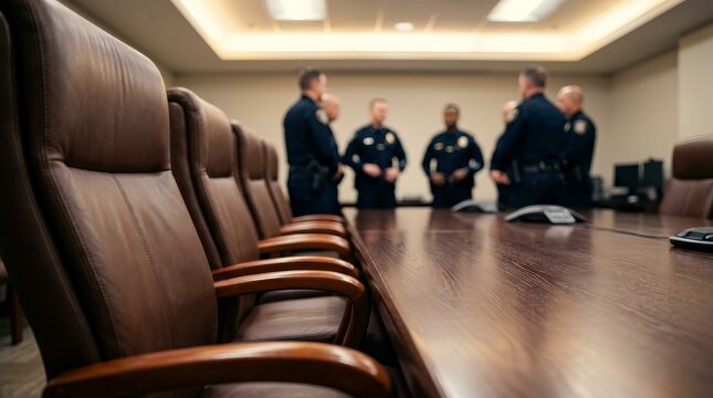 A detailed view of a police department meeting room with leather chairs and a long table.