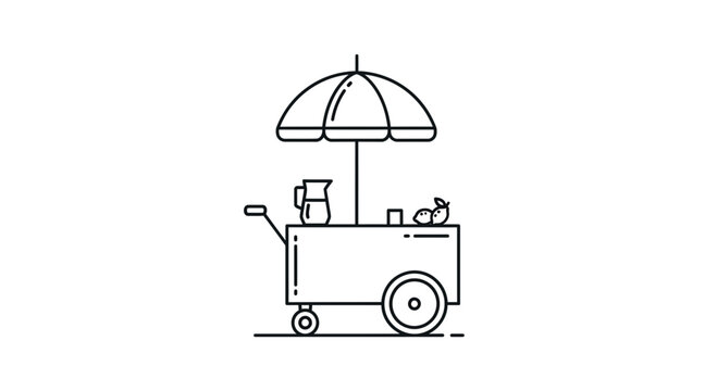 Street food cart with umbrella, drinks, and fruit, minimalist line art icon