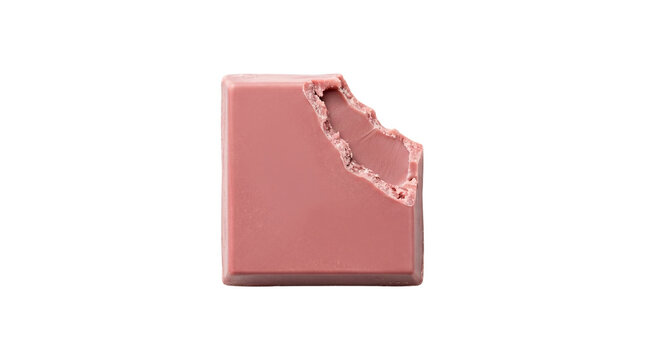 Ruby chocolate square with bite mark, pink cocoa confectionery piece, gourmet berry flavored chocolate block for dessert branding isolated PNG with Transparent Background