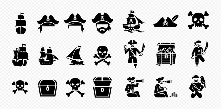 Pirate icons set with ships, hats, skulls, treasure chests, and buccaneers in various poses.