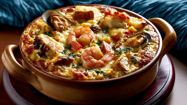 Chupe de Mariscos, traditional Chilean seafood casserole, presented in individual clay pot (paila) with handles, thick creamy mixture in shiny pale yellow tone