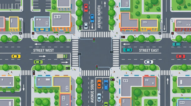 Aerial View of a Busy City Intersection with Traffic and Buildings.