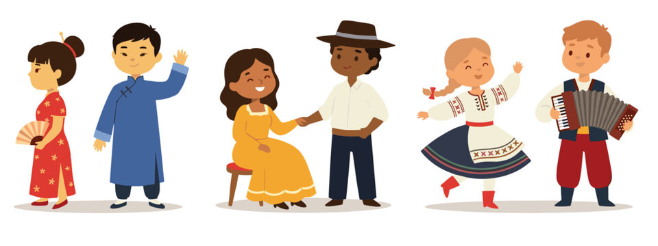 Asian couple traditional attire waving greeting, cultural celebration event isolated white background. Hispanic duo smiling holding hands sitting, joy happiness togetherness vector illustration
