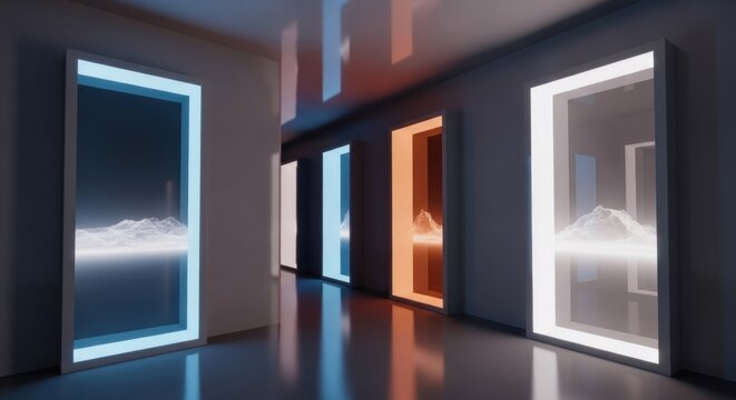 Abstract doorways with colorful illuminated frames in a modern interior