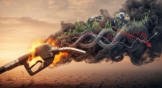 Epic clash between a warrior and monstrous creatures amidst a fiery desolate landscape