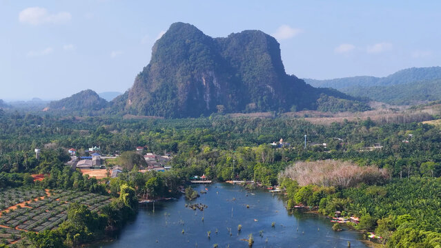 Aerial View of Limestone Karst Mountain and Tropical Lake in Krabi