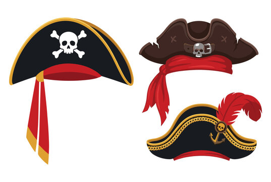 Pirate hats displaying symbolism, skull crossbones theme, nautical flair. Decorative headwear featuring feathers, red bandanas, ornate trim. Classic pirate apparel, ideal costume accessory, isolated