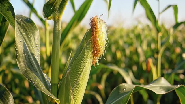 Closeup of a young corn cob growing in a lush green field.