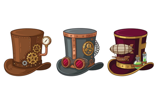 Steampunk themed top hats featuring intricate gears, goggles, airships showcasing Victorianera aesthetics. Brown, gray, purple elegant designs embodying retrofuturistic mechanics. Isolated white