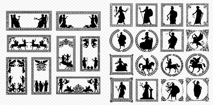 Ancient Greek Mythology Silhouettes and Decorative Frames Vector Set.