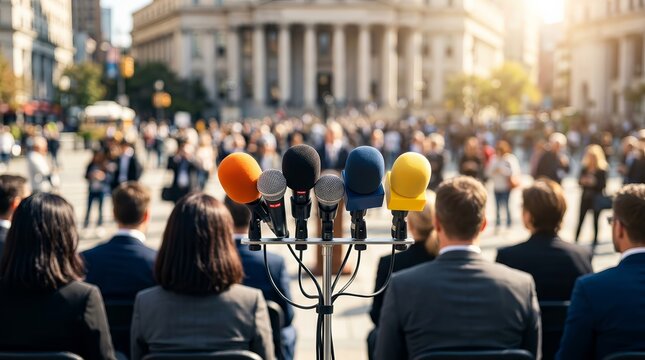 A journalist reporting at a media event with microphones, cameras, and a bright natural light background.