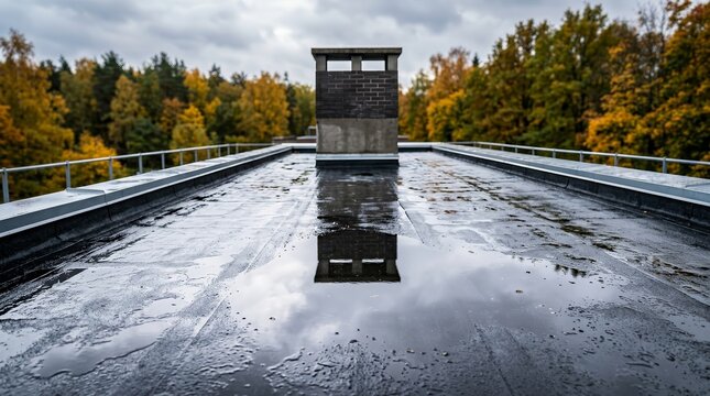 A private house with a silver finished bitumen flat roof and chimney post rain.