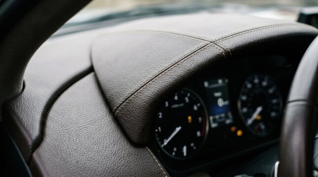 Close-up of a brown textured leather dashboard in a modern vehicle featuring visible stitching on the instrument panel hood with a blurred digital and analog gauge cluster in the background.